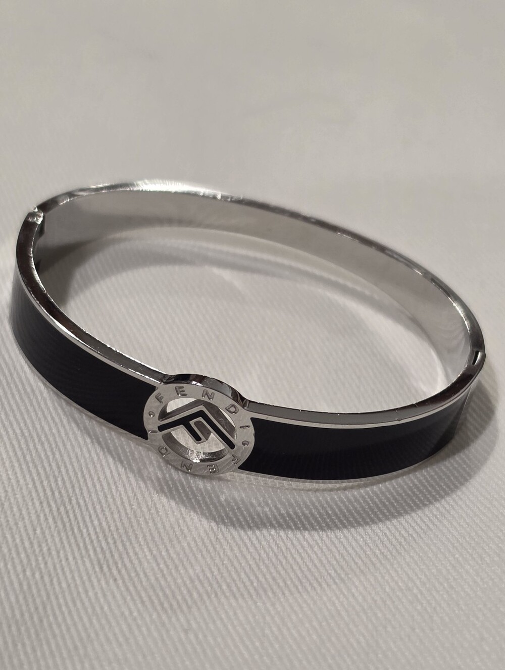 Fendi Silver Tone Black Enamel Bangle Bracelet